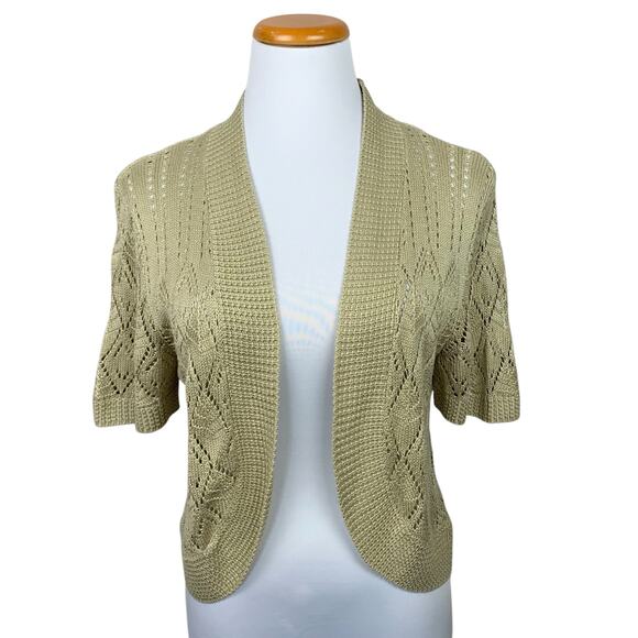 Lemmie for Nina Leonard Cardigan Cropped Shrug Tan Open Knit Women's L - Picture 1 of 4